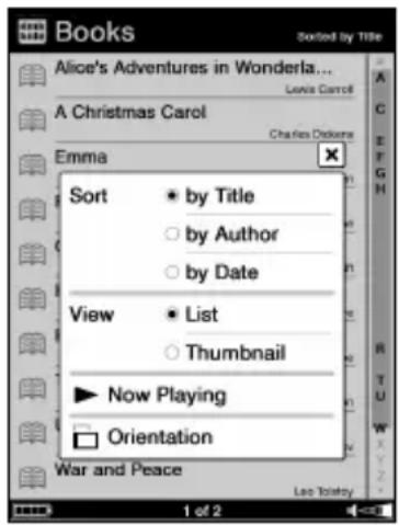 SONY Reader PRS700 - Option menu of the Book list - 1