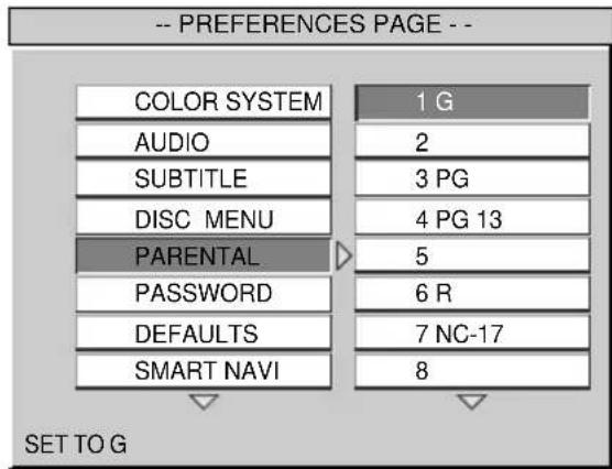 SONY MV101 - Selecting the desired parental setting — PARENTAL - 1