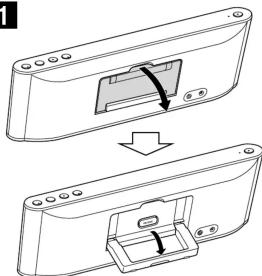 BATTERY/CHARGE iPod ▶ II SOUND - VOLUME + Remote sensor Capteur de télécommande Supporter Pièce d'appui Dock Connector Connecteur d'accueil Docking Tray Plateau d'accueil RELEASE AUDIO IN Storage Stand Support de rangement DC IN 6.5V