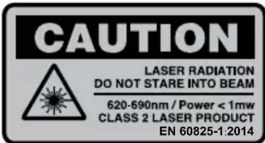 CAUTION LASER RADIATION DO NOT STARE INTO BEAM 620-690nm / Power < 1mw CLASS 2 LASER PRODUCT EN 60825-1:2014