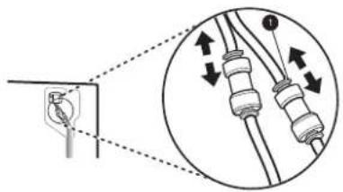 Diagram illustrating electrical connections with labeled components and directional arrows, including a magnified inset showing electrical components.