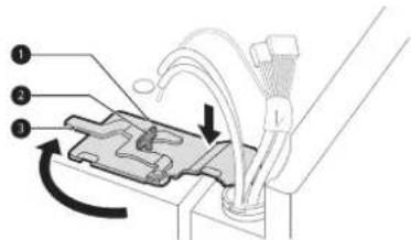 Technical diagram showing mechanical assembly with numbered components and directional arrows indicating motion or force