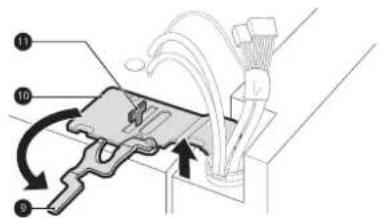 Technical diagram of a mechanical assembly with numbered components and directional arrows indicating motion or flow.