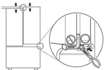 Technical diagram showing a mechanical device with labeled components and an inset close-up of a tool interacting with a bracket.