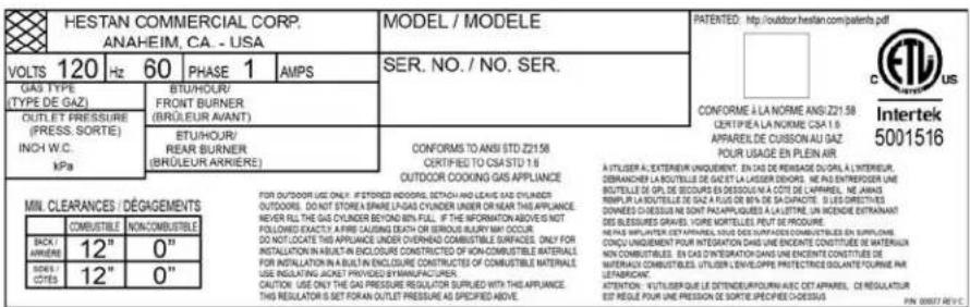 Hestan GMBR42CX2NGBK - RATING LABEL - 2