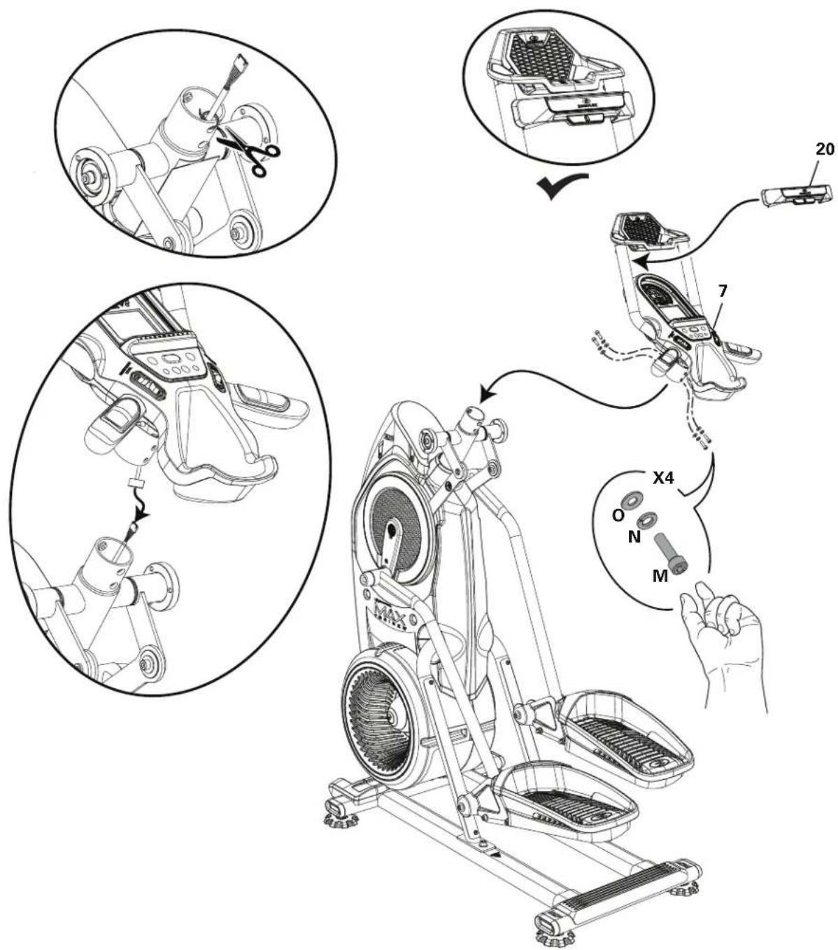 BOWFLEX Max Trainer M8i - Coupez les attaches d'expédition qui maintiennent les câbles, reliez les câbles et fixez l'ensemble console et la barre d'arrimage média - 1