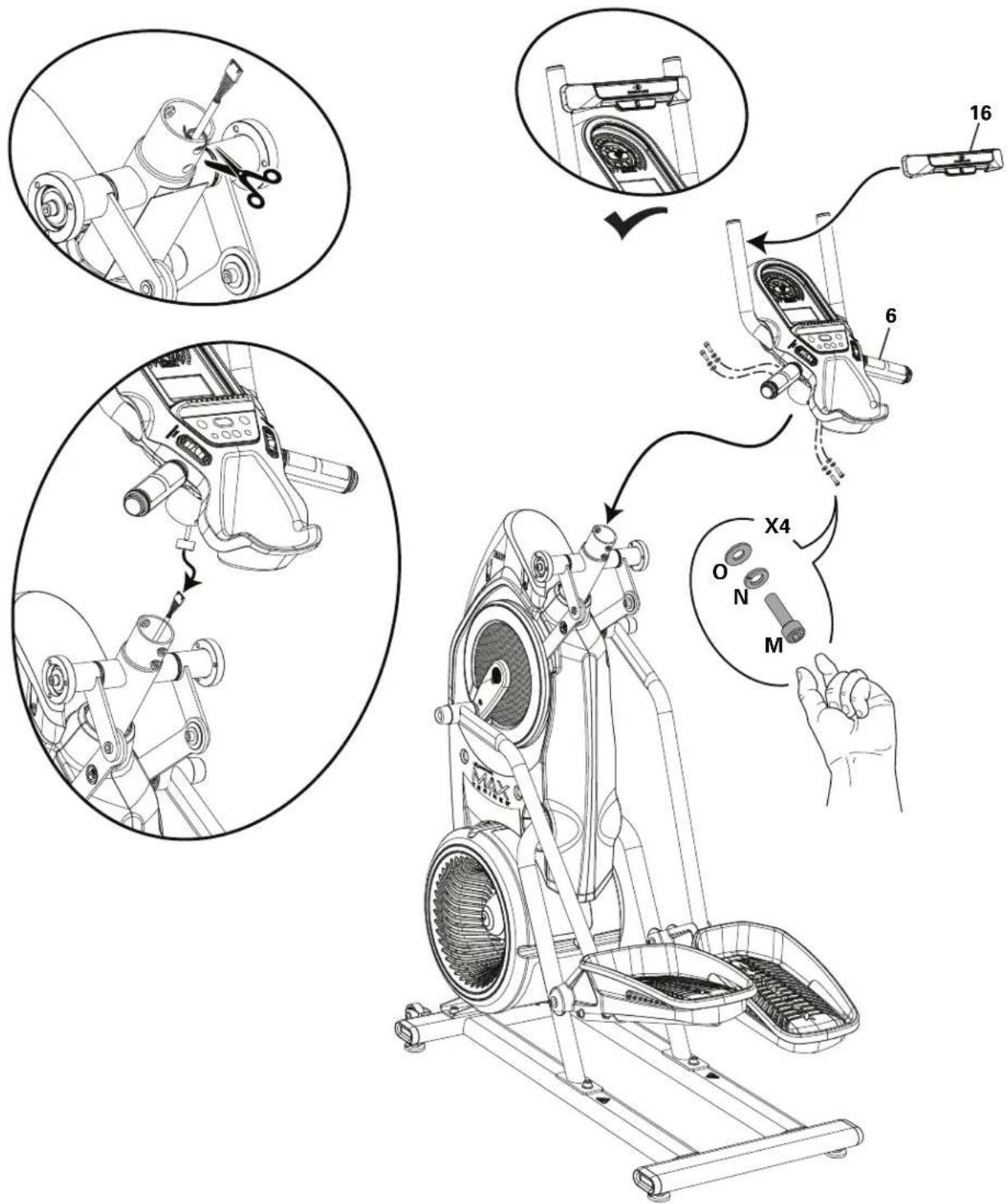 BOWFLEX Max Trainer M6i - Coupez les attaches d'expédition qui maintiennent les câbles, reliez les câbles et fixez l'ensemble console et la barre d'arrimage média - 1