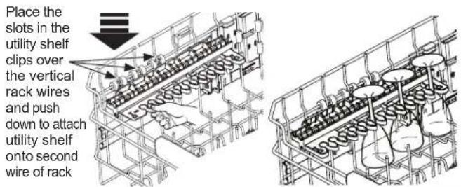 Place the slots in the utility shelf clips over the vertical rack wires and push down to attach utility shelf onto second wire of rack