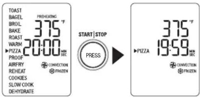 TOAST BAGEL BROIL BAKE ROAST WARM PZZA PROOF AIRFRY REHEAT COOKIES SLOW COOK DEHYDRATE PREHEATING 37.5 °F 20:00 MIN SEC CONVECTION FROZEN START | STOP PRESS 37.5 °F 19:59 MIN SEC CONVECTION FROZEN