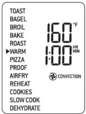 TOAST BAGEL BROIL BAKE ROAST WARM PIZZA PROOF AIRFRY REHEAT COOKIES SLOW COOK DEHYDRATE 160°F 1.00 HR MIN 1.00 CONVECTION