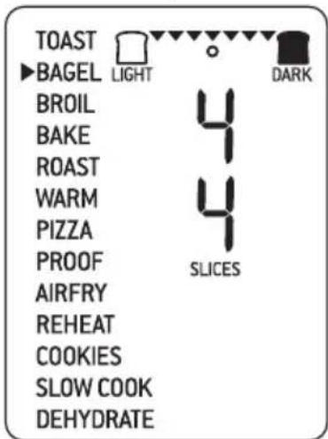 TOAST ►BAGEL LIGHT BROIL BAKE ROAST WARM PIZZA PROOF AIRFRY REHEAT COOKIES SLOW COOK DEHYDRATE DARK 4 4 SLICES