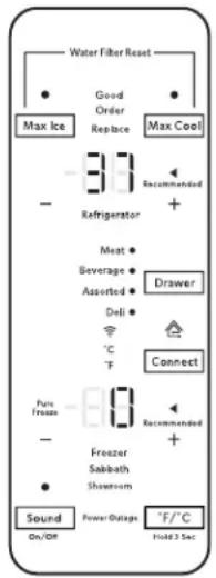 Water Filter Reset ● Good Order ● Max Ice Replace Max Cool - Refrigerator + Meat Beverage Assorted Dell °C T Connect Pure Freeze - Freezer Sabbath Shroom ● Sound Power Outage °F/°C On/Off Hold 3 Sec
