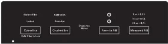 Replace Filter Locked Cubed Ice Hold 3 Sec to Lock Calibration Door Apr Crushed Ice Dressense Water Favorite Fill Measured Fill 8 oz = 0.2 L 16 oz = 0.5 L 24 oz = 0.7 L