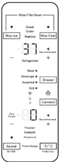 Water Filter Reset ● Good Order ● Max Ice Replace Max Cool - 3.3 Recommended + Refrigerator + Meat ● Beverage ● Assorted ● Deli ● °C °F Connect Pure Freeze - Freezer Sabbath + Sound Power Outage °F/°C On/Oit Held 3 Sec