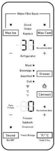 Water Filter Reset ● Good Order ● Max Ice Replace Max Cool — Refrigerator Meat● Beverage● Asserted● Dell● °C T Connect Pure Freeze — Freezer Sabbath Showsum ● Sound Power Dlgage °F/°C On/Off Hold 2 Sec