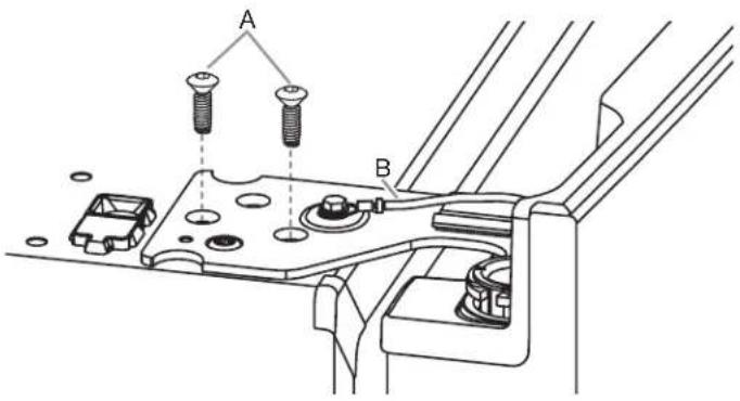 Technical diagram showing two screw fasteners (A and B) inserted into a mechanical component with labeled parts.