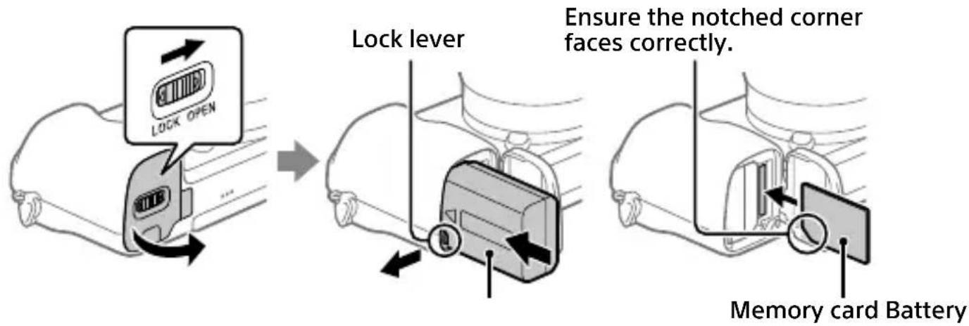 SONY ILCE6100L - Inserting the battery pack (supplied)/memory card (sold separately) into the camera - 1