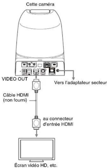 Cette caméra VIDEO OUT Câble HDMI (non fourni) Vers l'adaptateur secteur au connecteur d'entrée HDMI Écran vidéo HD, etc.