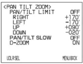 PAN/TILT LIMIT OFF RIGHT +170° LEFT -170° UP +090° DOWN -020° PAN/TILT SLOW OFF D-ZOOM ON UOLRSEL MENU BOX