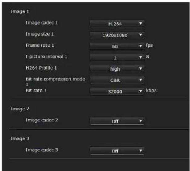 Image 1 Image codec 1 H.254 Image size 1 1920x1080 Frame rate 1 60 fps I-picture interval 1 1 S H264 Profile 1 high Bit rate compression mode CBR Bit rate 1 32000 kbps Image 2 Image codec 2 Off Image 3 Image codec 3 Off