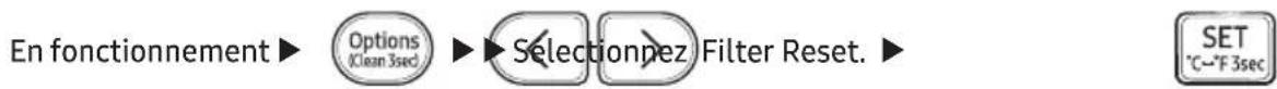 En fonctionnement ▶ Options (Clean 3sec) ▶ Selectionpez Filter Reset. ▶ SET °C~°F 3sec
