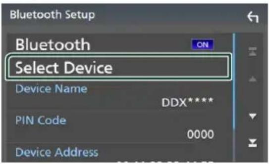 KENWOOD Excelon DDX8906S - Touchez [Select Device] sur l'écran de configuration du Bluetooth. - 1