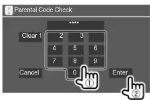 KENWOOD DDX376BT - Entrez le code initial à quatre chiffres (0000) (①), puis touchez [Enter] (②) pour valider. - 1