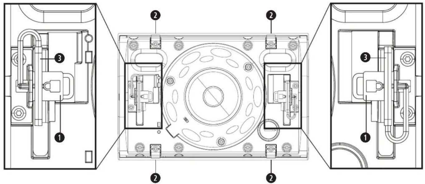 Technical diagram of a mechanical device with labeled components, showing front, top, and side views.
