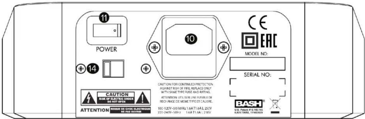 11 POWER 14 10 CE EAC MODEL NO: CAUTION FOR CONTINUED PROTECTION AGAINST RISK OF FIRE, REPLACE ONLY WITH SAME TYPE RUSE AND RATING. ATTENTION UTILISER UNE FUSIBLE DE RECHANGE DE MEME TYPE ET CAUSE. 10C-120V~50/60Hz 1.6A T1.6A L 250V 220-240V~50Hz 1.6A T1.6A L 250V ATTENTION MISQUE DE CHOC ELECTRIQUE RE PAS OUTFRIS SERIAL NO: BASH® U.S. Patent #: 6.140.145 8.825.72682, 11483.629
