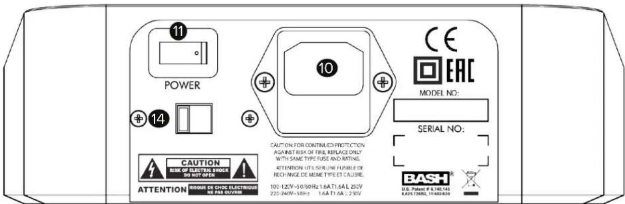 11 POWER 14 10 CE EAC MODEL NO: CAUTION FOR CONTINLED PROTECTION AGAINST RISK OF FIRE, REPLACE ONLY WITH SAME TYPE FUSE AND RATING. ATTENTION UTIL SERUNE FUSIBLE DE RECHANCE DE MEME TYPE ET CAUSE. 100-120V~50/80Hz 1.6A T1.6A L 250V 220-240V~50Hz 1.6A T1.6A L 250V SERIAL NO: BASH® U.S. Patent # 6.182.145 6.825.726R2, 11482639