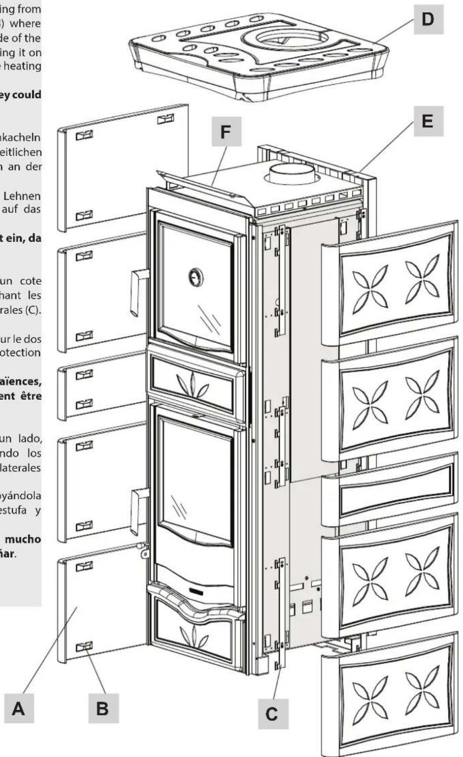ng from ) where le of the ing it on heating ey could kacheln eitlichen an der Lehnen auf das ein, da un cote mant les rales (C). ur le dos protection aiences, ent être un lado, ndo los aterales yándola stufa y mucho iar. A B C D E