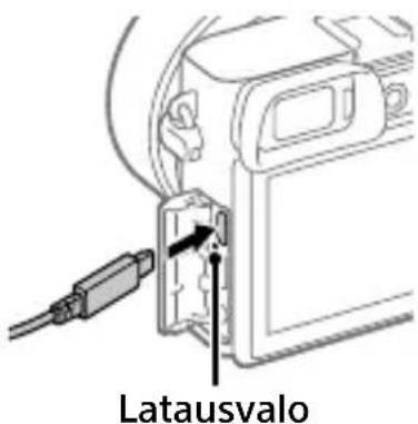 SONY Alpha a1400 - Kytke kamera akkuineen vaihtovirtasovittimeen (mukana) USB-mikrokaapelilla (mukana) ja kytke sitten vaihtovirtasovitin pistorasiaan. - 1