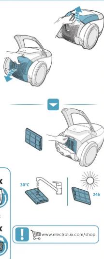 Illustration of a vacuum cleaner with labeled components and time indicators including 30°C, 24h, and solar panel.