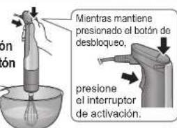 PANASONIC MXS401 - Cologne the batidora en un recipiente grande y profundo. Presione el interruptor de activacion,mrientas mantiene presionado el boton de desbloqueo para comenzar. - 1