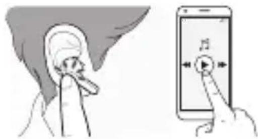Illustration showing ear ear being pointed at a smartphone screen with playback control buttons