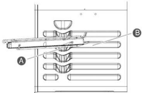 Technical diagram of a mechanical assembly with labeled parts A and B, showing structural components and alignment lines.