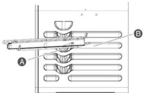 Technical diagram of a mechanical assembly with labeled components A and B
