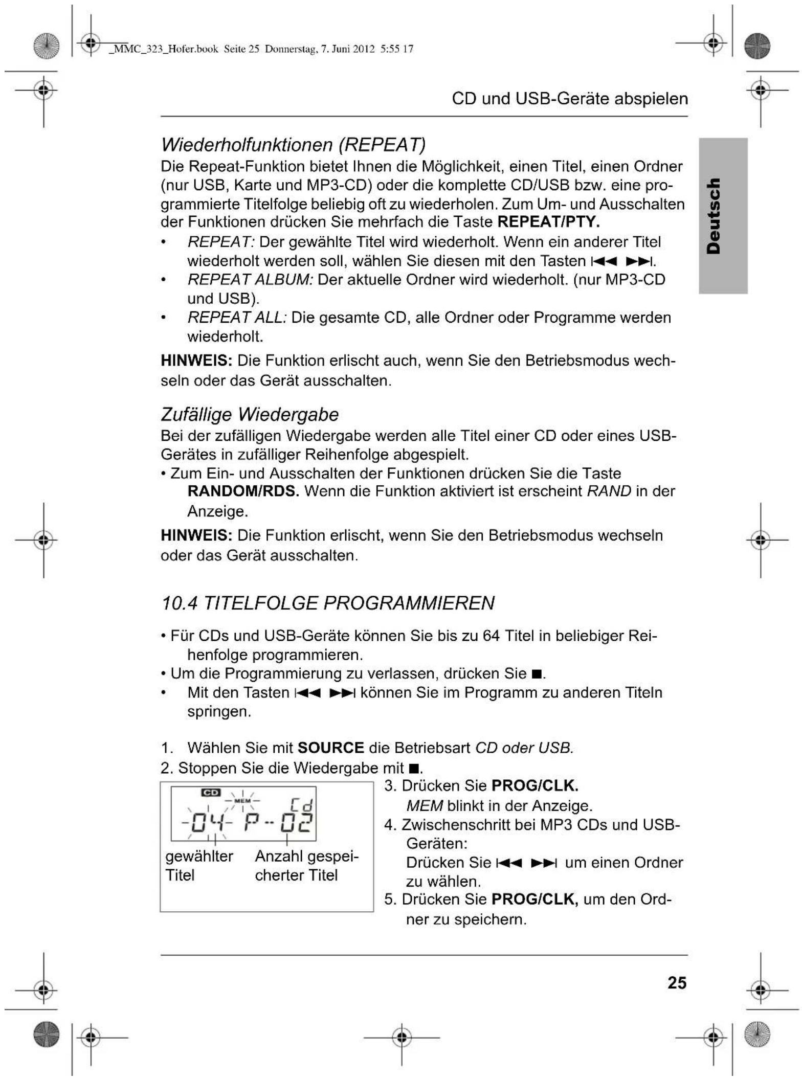 Terris MMC 323 - FUNKTIONEN CD UND USB-GERÄT - 1