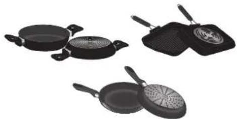 Three black cooking utensils: a flat pan, a side dish with a griddle, and a perforated pan (no text or symbols visible)