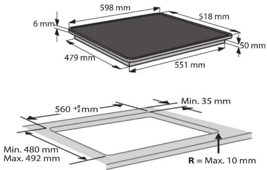 598 mm 6 mm 518 mm 479 mm 50 mm 551 mm 560 +°2mm Min. 35 mm Min. 480 mm Max. 492 mm R = Max. 10 mm