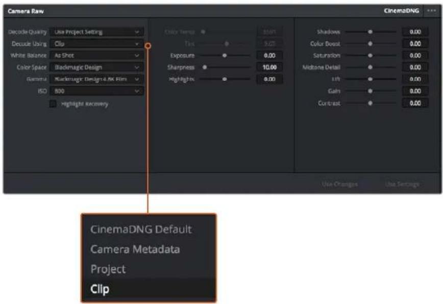 Blackmagic Design Micro Cinema Camera - 要单独调整每个片段的 RAW 设置步骤如下: - 1