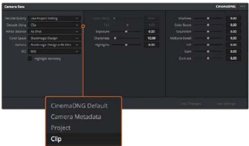 Blackmagic Design Micro Cinema Camera - Her klip bazında RAW ayarlarına tek tek düzeltmeler yapmak için: - 1