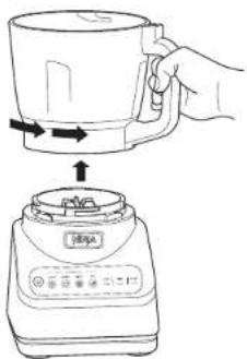 Diagram showing a hand holding a blender with directional arrows indicating process flow, and a digital kitchen appliance labeled 'BPG' at the bottom.
