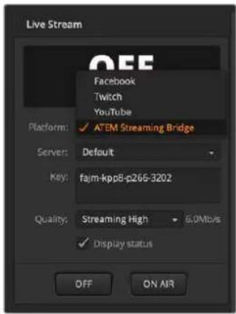 Live Stream OFF Facebook Twitch YouTube Platform: ✓ ATEM Streaming Bridge Server: Default Key: fajm-kpp8-p266-3202 Quality: Streaming High 6.0Mb/s ✓ Display status OFF ON AIR