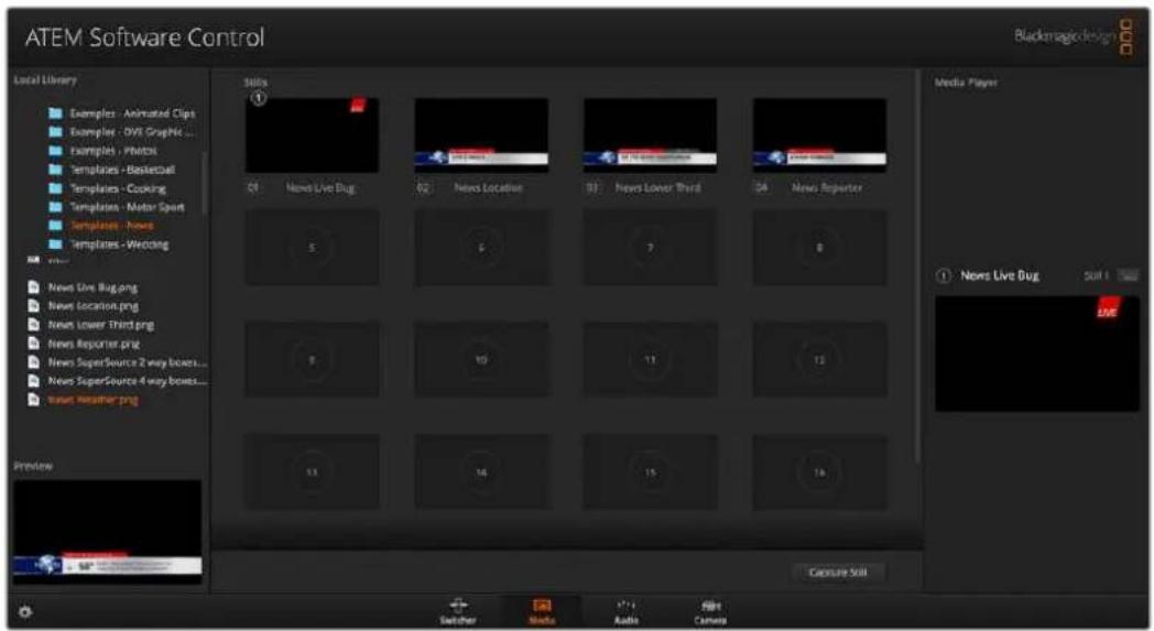 ATEM Software Control Local Library Examples - Animated Clips Examples - DVD Graphic ... Examples - Photos Templates - Basketball Templates - Cooking Templates - Motor Sport Templates - News Templates - Weaning News Live Bug.png News Location.png News Lower Third.png News Reporter.png News SuperSource 2 way boxes... News SuperSource 4 way boxes... News Weather.png Preview Sills Q1 News Live Bug Q2 News Location Q3 News Lower Third Q4 News Reporter Media Player News Live Bug. Still 1 Live Capture Still Switch Media Audio Camera