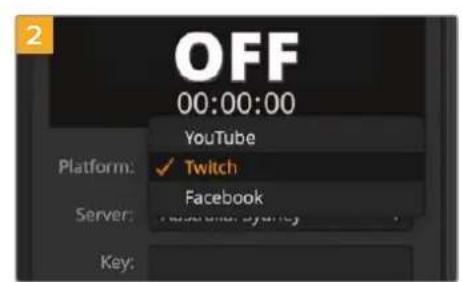 OFF 00:00:00 YouTube Platform: ✓ Twitch Facebook Server: Key: