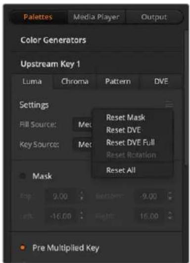 Palettes Media Player Output Color Generators Upstream Key 1 Luma Chroma Pattern DVE Settings Fill Source: Mec Key Source: Mec Reset Mask Reset DVE Reset DVE Full Reset Rotation Reset All Mask Top 9.00 Bottom -9.00 Left -16.00 Right 16.00 ■ Pre Multiplied Key