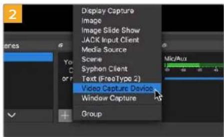 Display Capture Image Image Slide Show JACK Input Client Media Source Scene Syphon Client Text (FreeType 2) Video Capture Device Window Capture Group