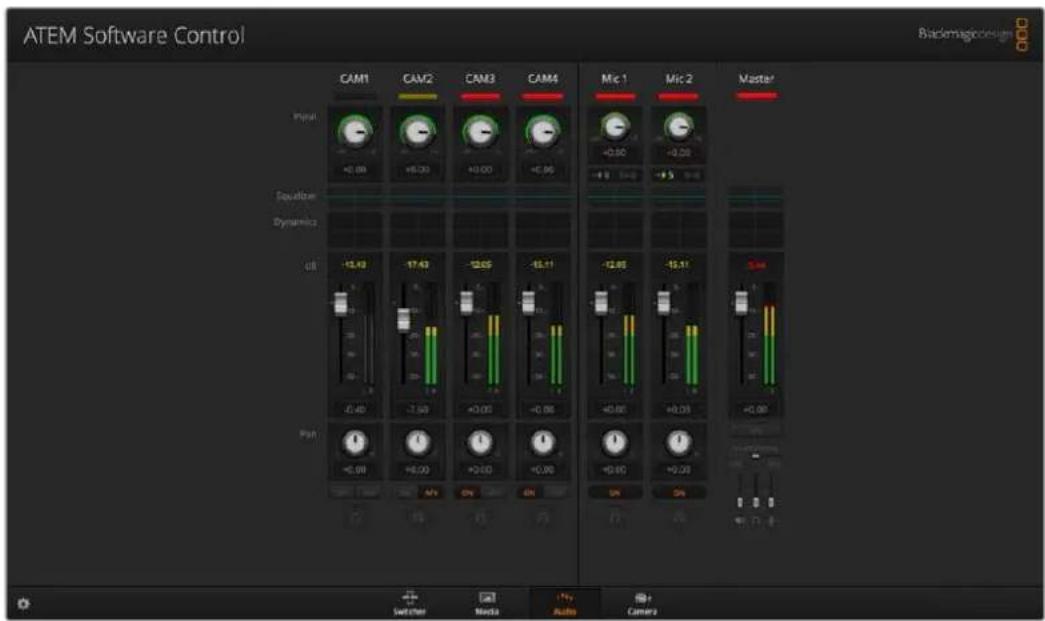 ATEM Software Control Bioemagicircuit CAM1 CAM2 CAM3 CAM4 Mic 1 Mic 2 Master Input +0.00 +0.20 +0.00 -0.96 -0.50 -0.28 Equator Dynamics UI -12.43 -17.43 -12.65 -15.11 -12.85 -15.11 Pan -0.40 -1.69 -40.00 -0.96 -40.60 +0.03 -0.96 Switch Media Audio Camera