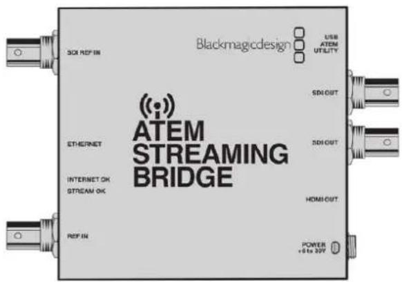 Blackmagicdesign USB ATEM UTILITY SDI-OUT ATEM STREAMING BRIDGE SOL REF IN ETHERNET INTERNET OK STREAM OK REF IN SOL OUT HDMI-OUT POWER + 6 to 30V